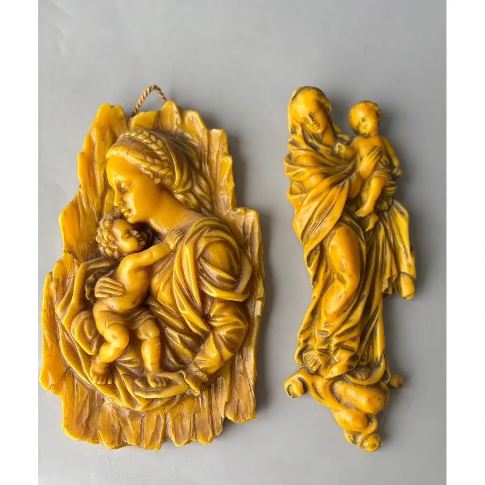 Vtg German‎ Madonna and Child Relief Plaques Set Wax Religious Wall Decor RARE